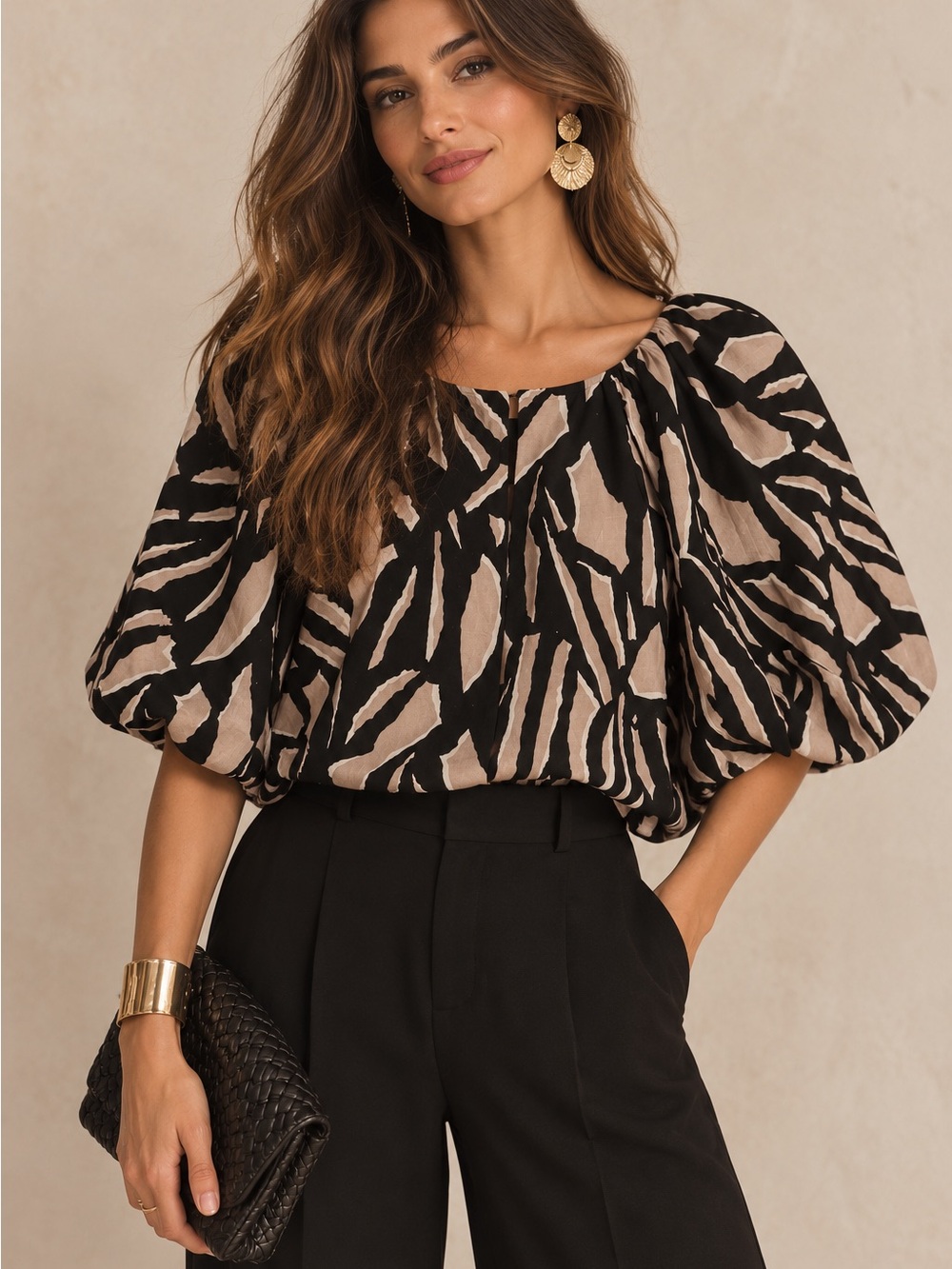 DKNY Linen Blend Taupe & Black Puff-Sleeve Zebra Print Blouse